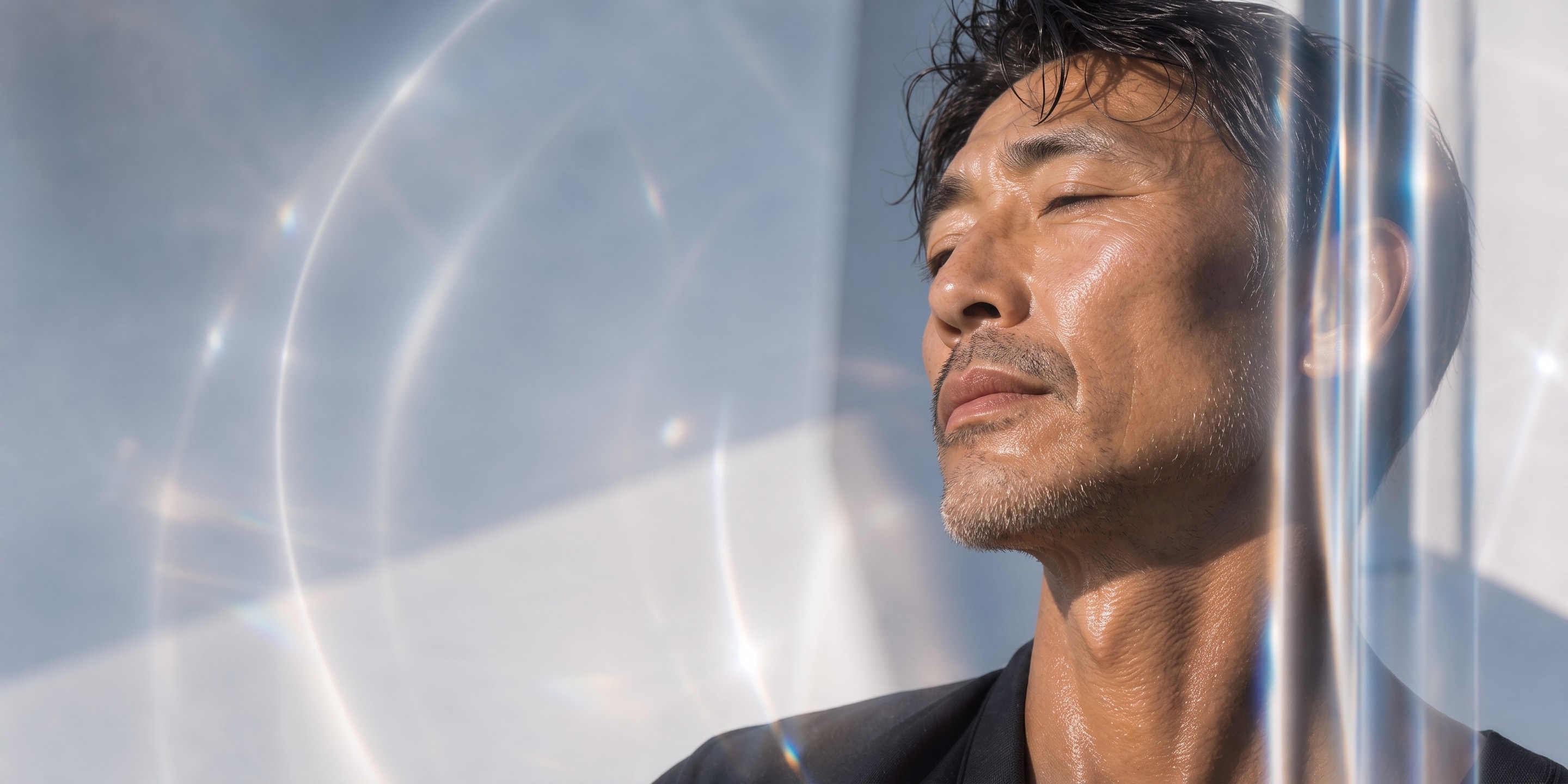 Adult man in black activewear with natural sunlit skin seen through refracted glass for growth hormone support.