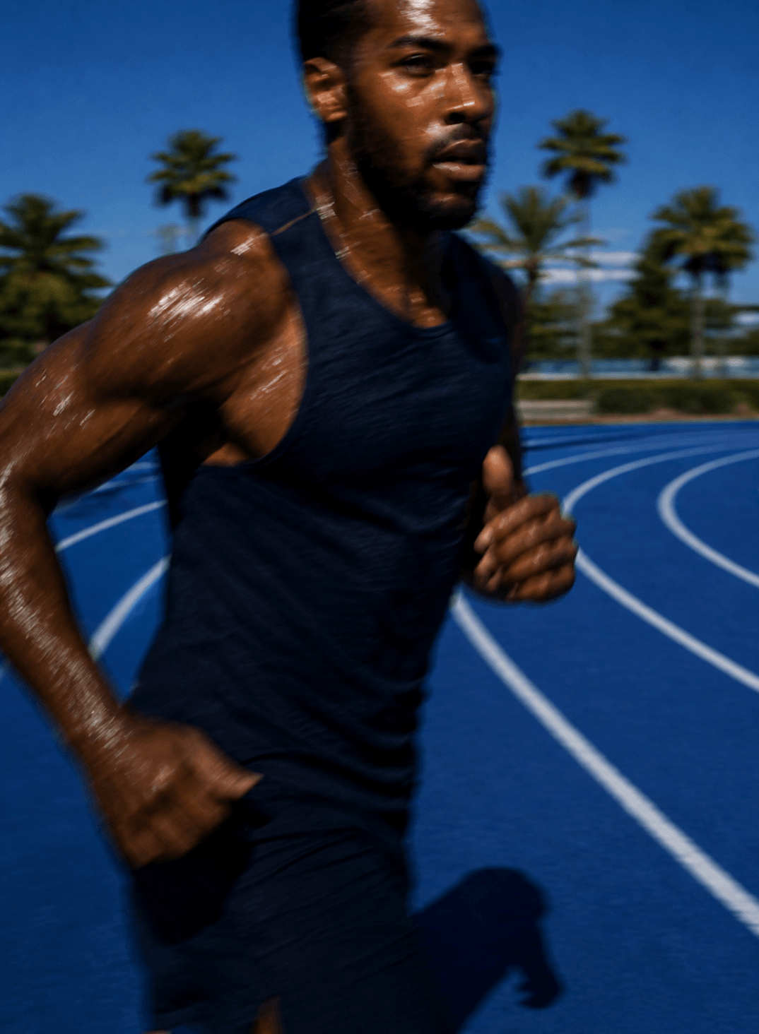Sweaty runner in navy activewear moving across a cobalt track in hard sunlight.