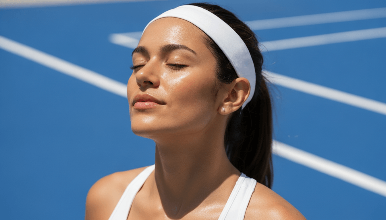 Adult in a visor outdoors after a workout.