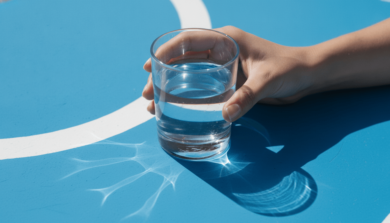Hand holding a water glass on a cobalt court surface, part of the daily tablet routine.