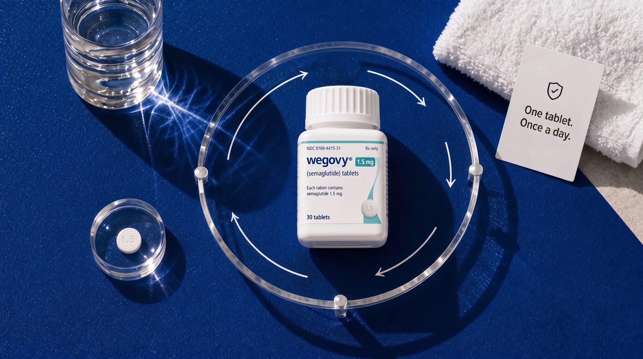 Wegovy Tablets bottle beside a water glass and a clock face, showing the daily timing routine.