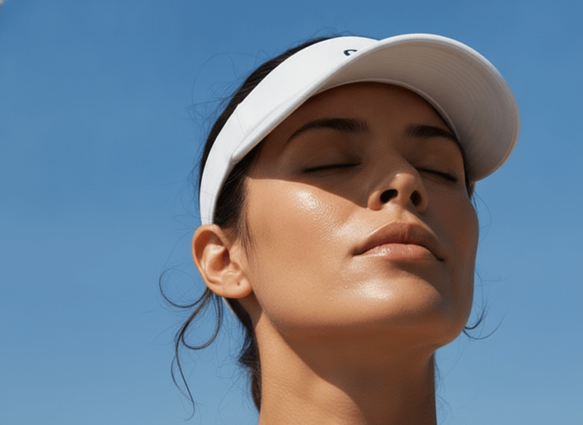 Sunlit adult in white visor against blue sky.