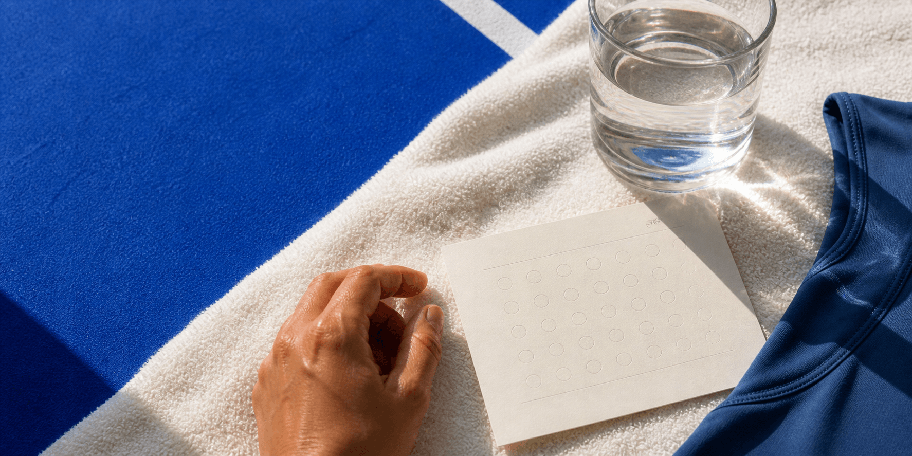 Water, towel, activewear, and a blank habit card on a cobalt track.