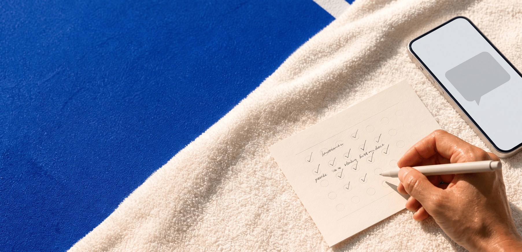 A completed intake questionnaire and a care-message thread on a phone, reviewed by hand on a sunlit towel.