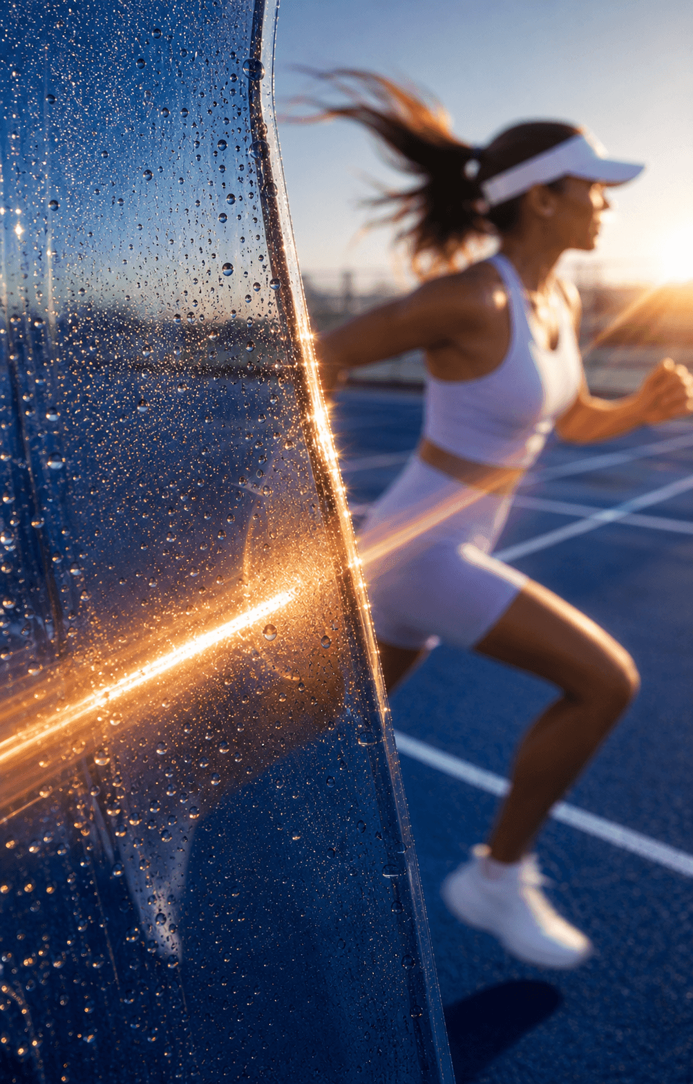 Runner in white activewear blurred behind sunlit wet glass on a cobalt court for energy support.