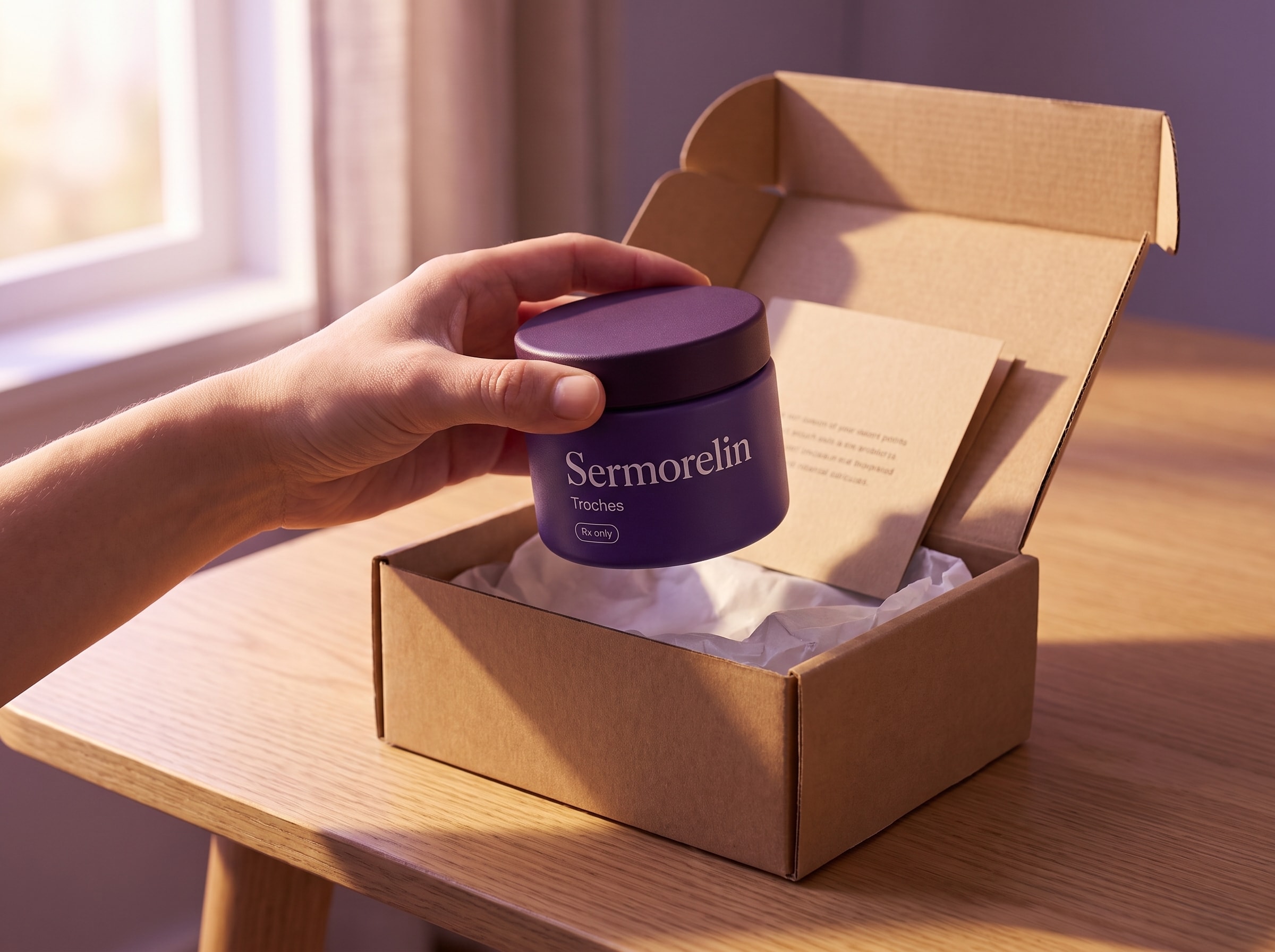 A hand lifting an unbranded purple Sermorelin troche jar from a discreet kraft delivery box in warm morning light.