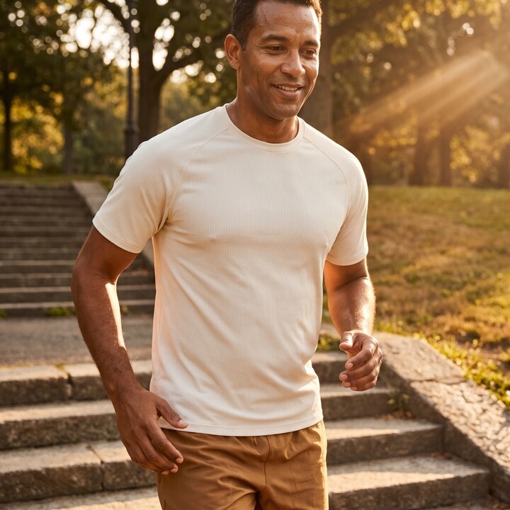Adult with easy steady morning energy in warm gold light.
