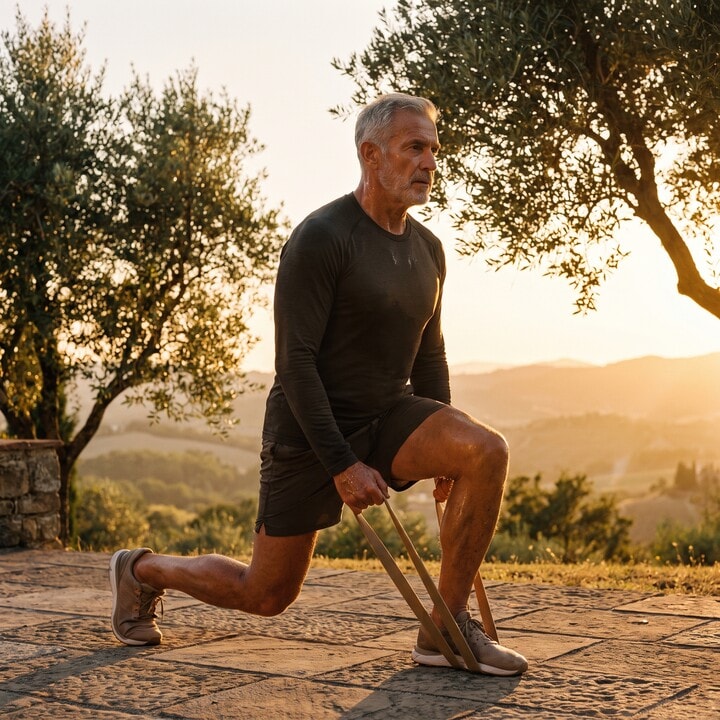 Older adult in strong confident mobility outdoors in warm light.