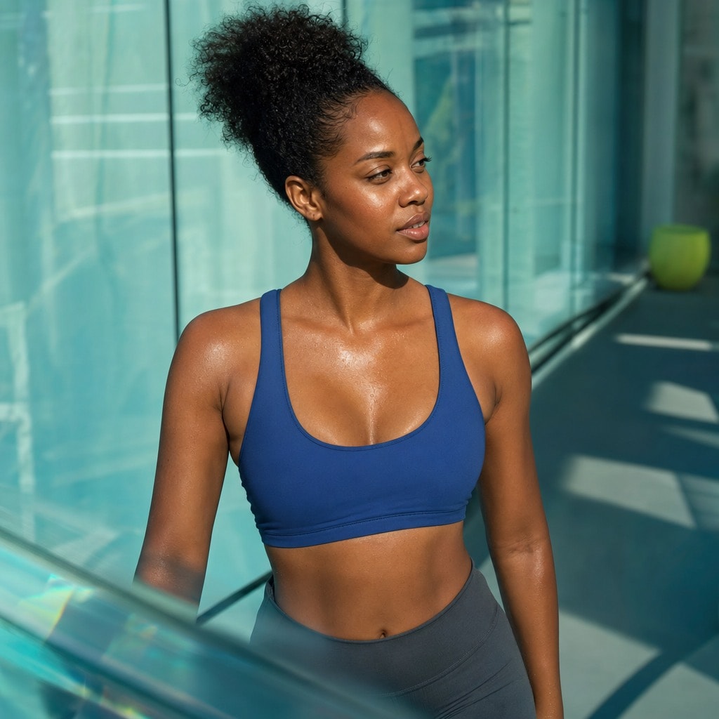 Woman moving with easy morning momentum outdoors in cool teal refracted light.