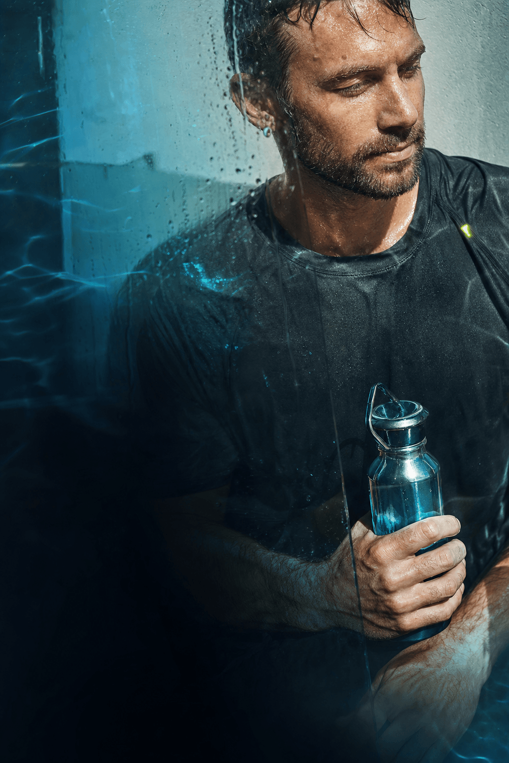 Adult waking energized in bright teal morning light, clear-eyed and calm after a workout.