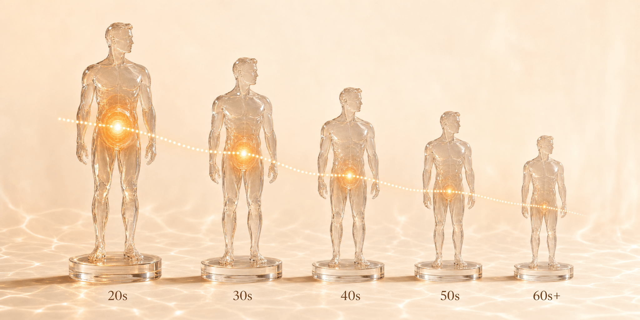 Five translucent amber glass male figurines in a row, shrinking from the 20s to the 60s+, each with a warm glow at its core that dims and descends along a dotted signal line — illustrating how testosterone declines with age.