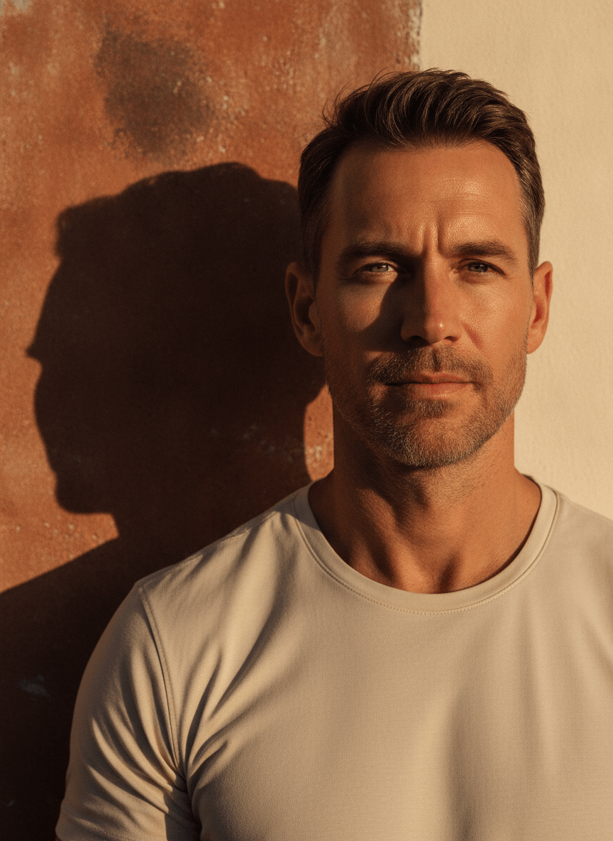 Man in his late thirties standing in warm morning light against a cobalt sky, calm and clear-eyed.