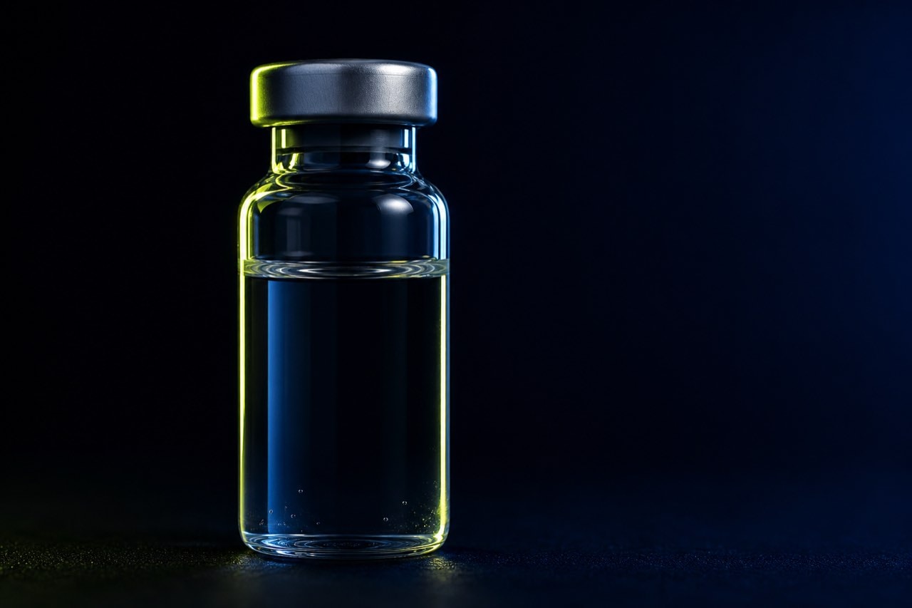 Single tirzepatide vial, clinical macro on a dark surface