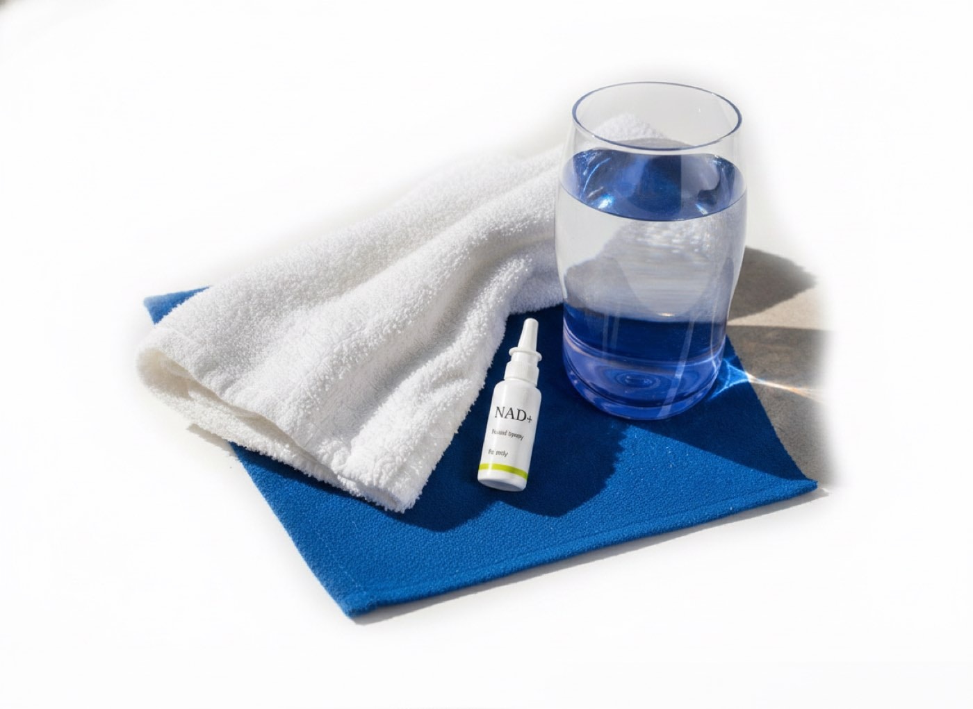 NAD+ nasal spray bottle with water and towel on a cobalt surface