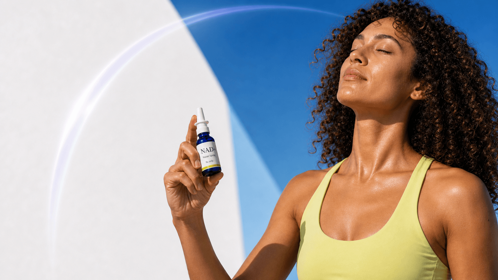 Woman in activewear holding a nasal spray bottle with a figurative air-route arc on a bright blue track.