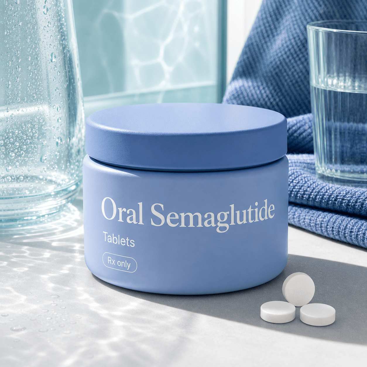 Oral Semaglutide tablets in a pale blue jar with tablets, glass caustics, and bright wellness texture.