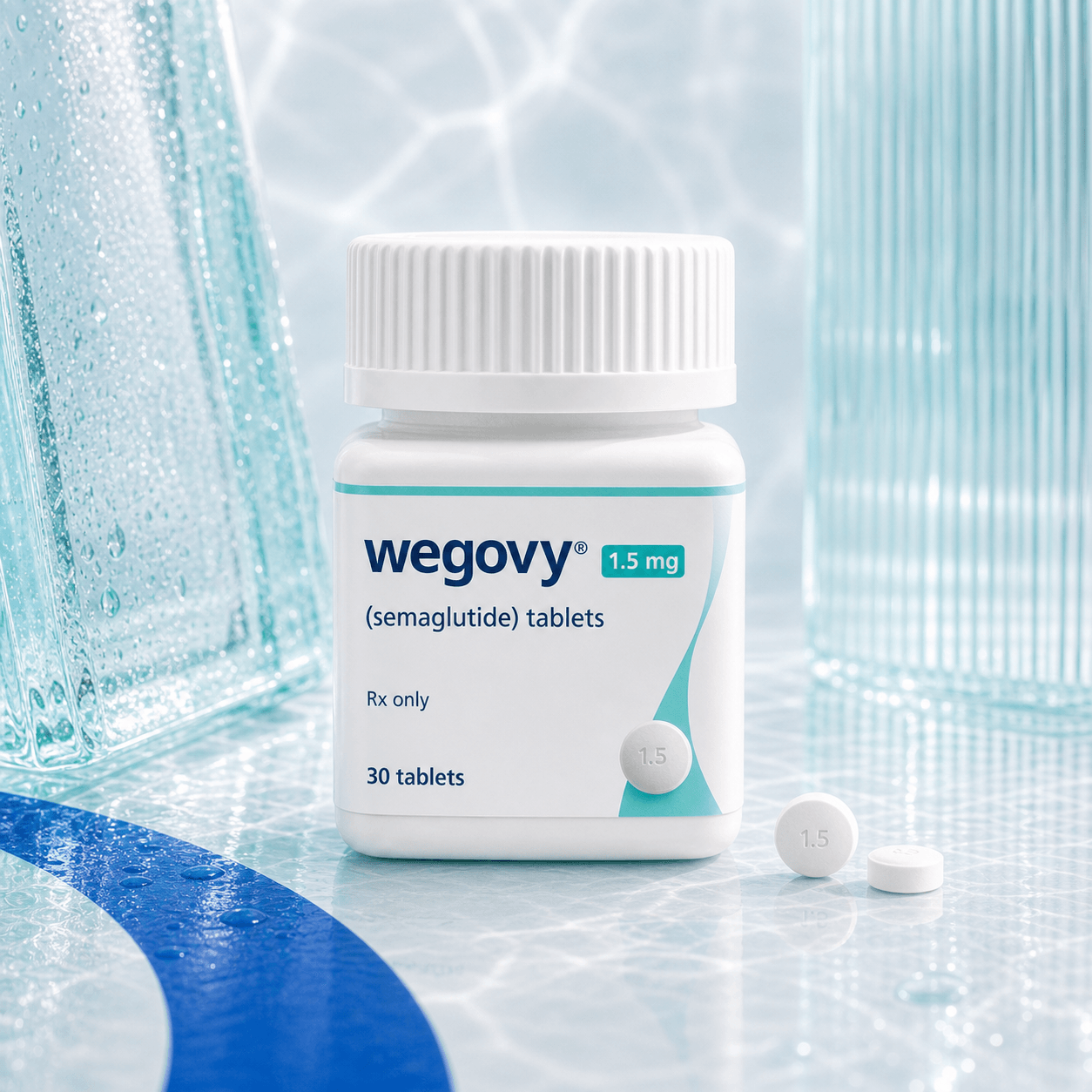 Wegovy Tablets bottle on a cobalt track surface with water glass caustics and one tablet token.