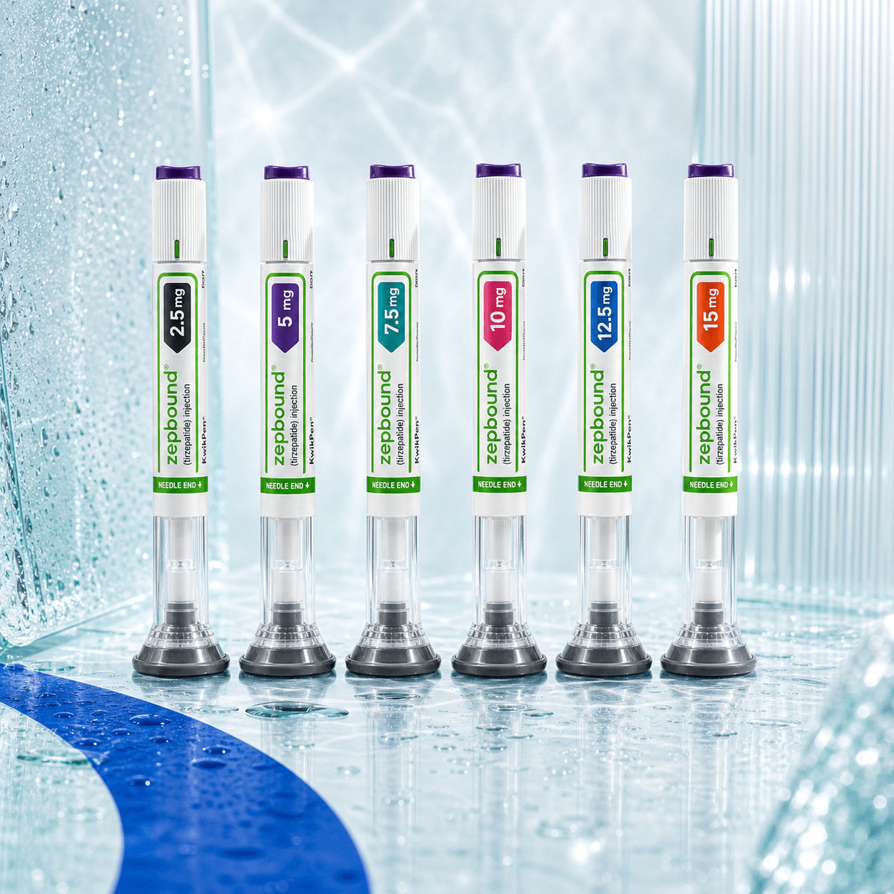 Zepbound KwikPen in six dose strengths, from 2.5 mg to 15 mg.