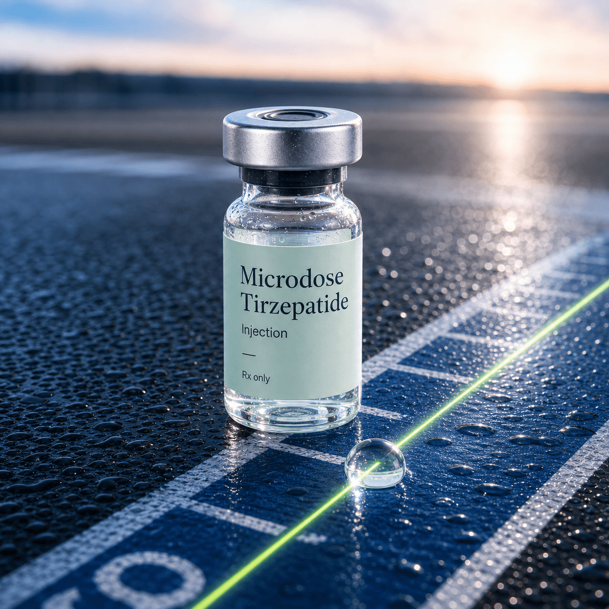 Microdose tirzepatide vial held between fingertips with Rebody cobalt, lime, and glass refraction elements