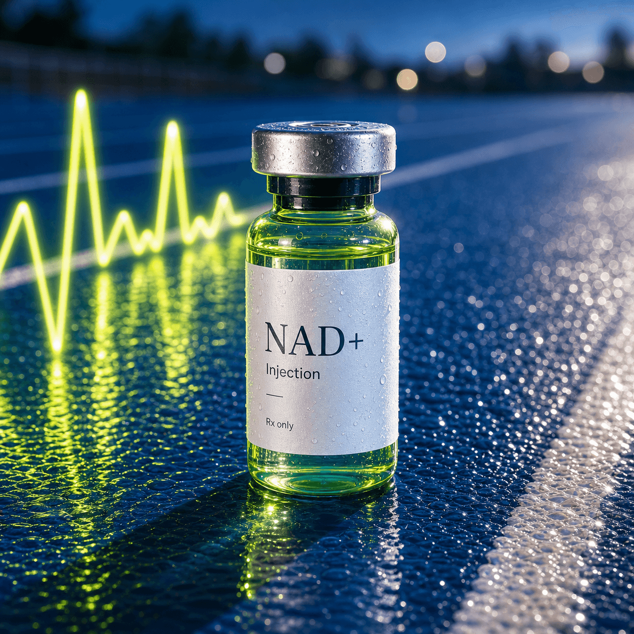 NAD+ injection vial held in Rebody sensory editorial light with cobalt track and glass caustics.