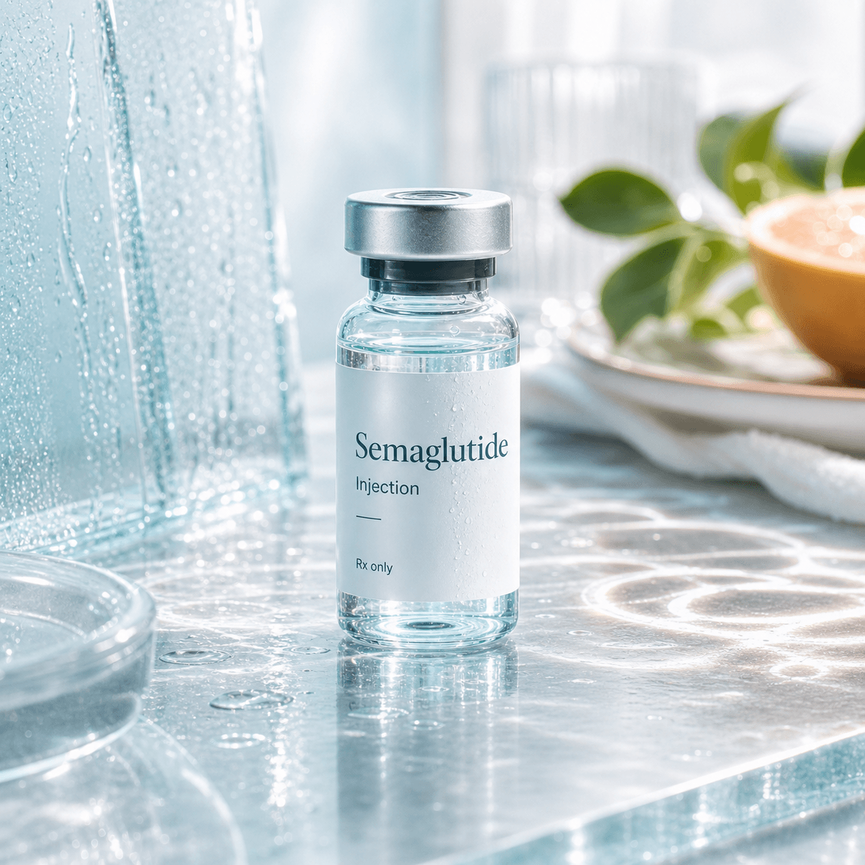 Semaglutide injection vial in an appetite-care product scene.