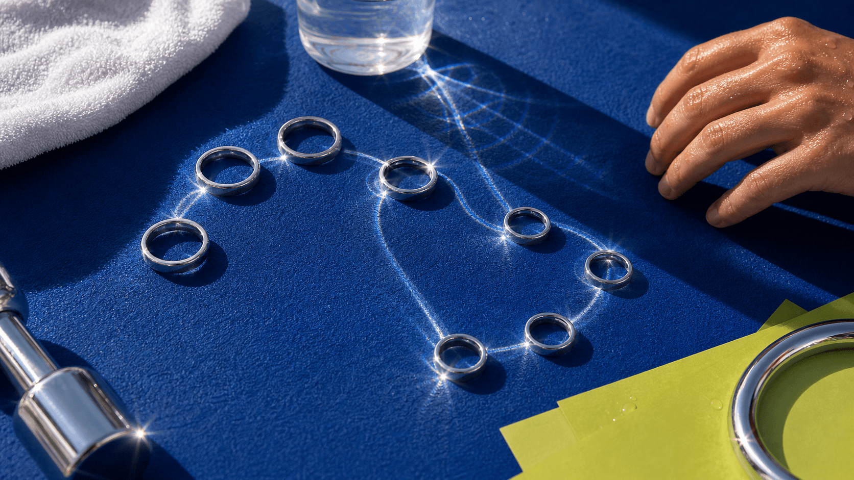 Chrome rings and water caustics on a cobalt athletic surface suggesting NAD+ cellular energy and weekly routine.