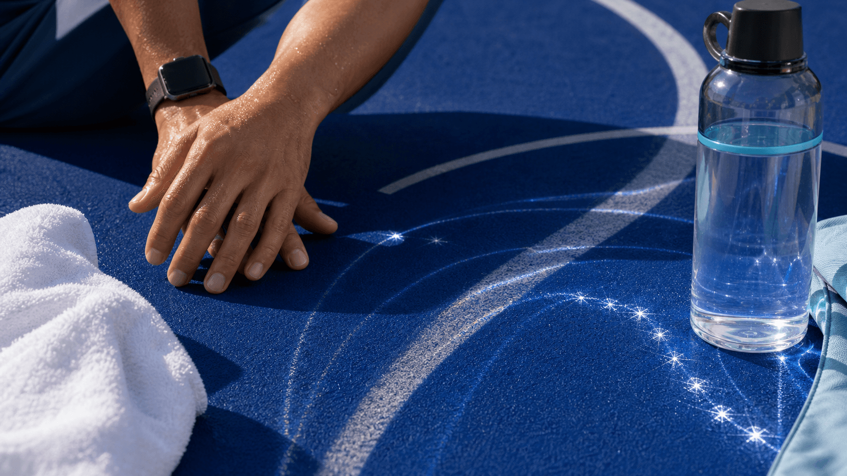 Hands resting on a sunlit blue track beside a water bottle and towel, with a dotted light curve across the surface.