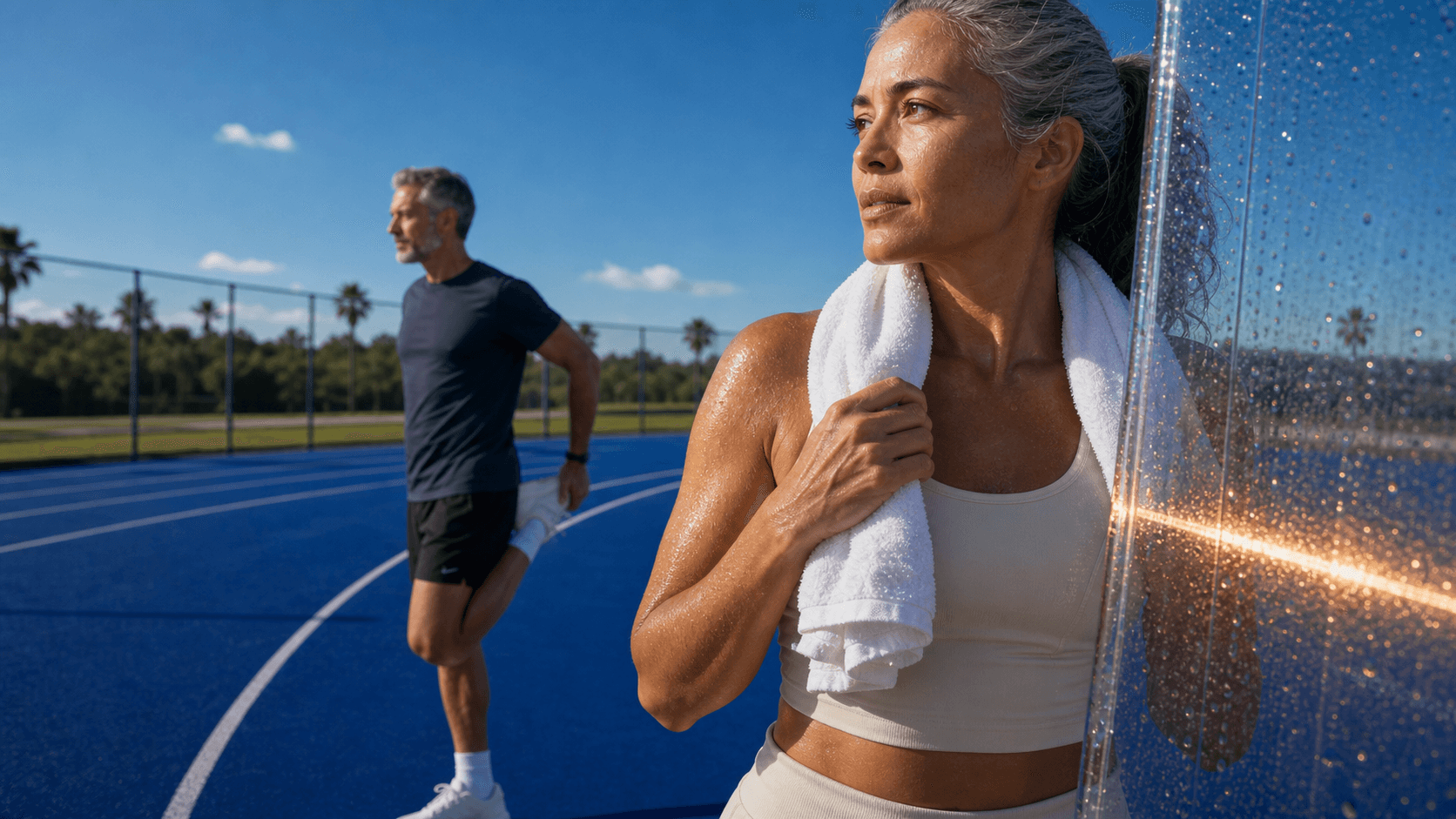 Two adults standing on an outdoor running track