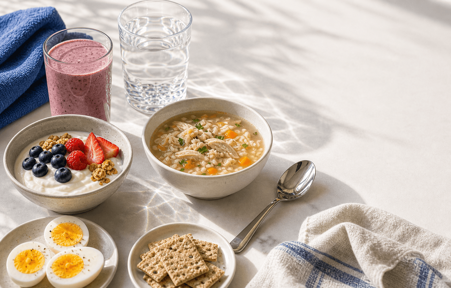 Greek yogurt, smoothie, soup, eggs, crackers, and water as lower-appetite meal options.
