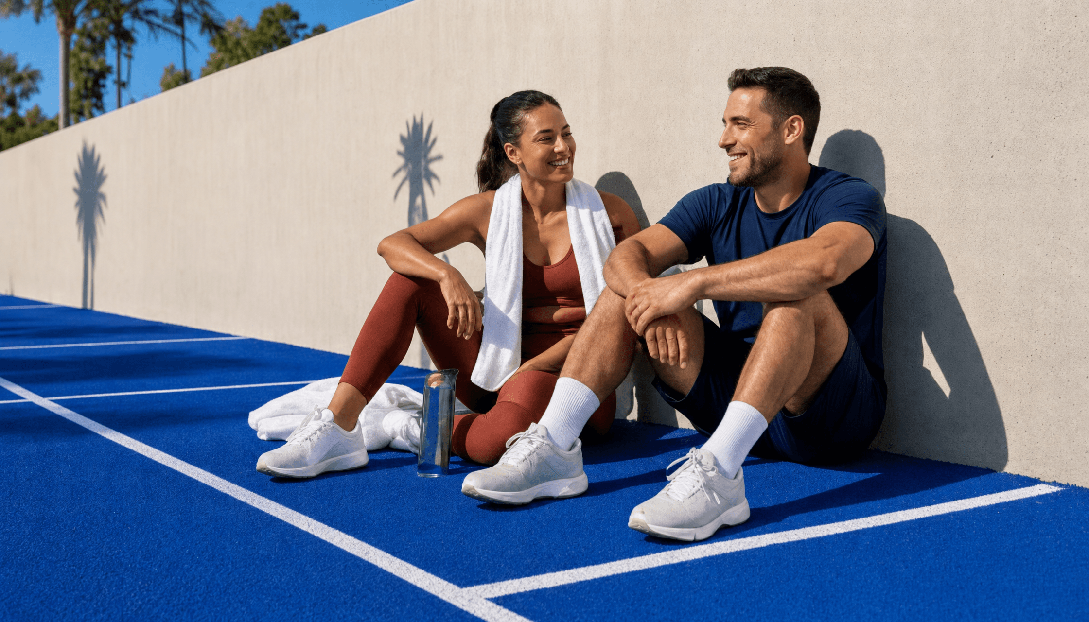 Adult man and woman sitting together on an outdoor track.