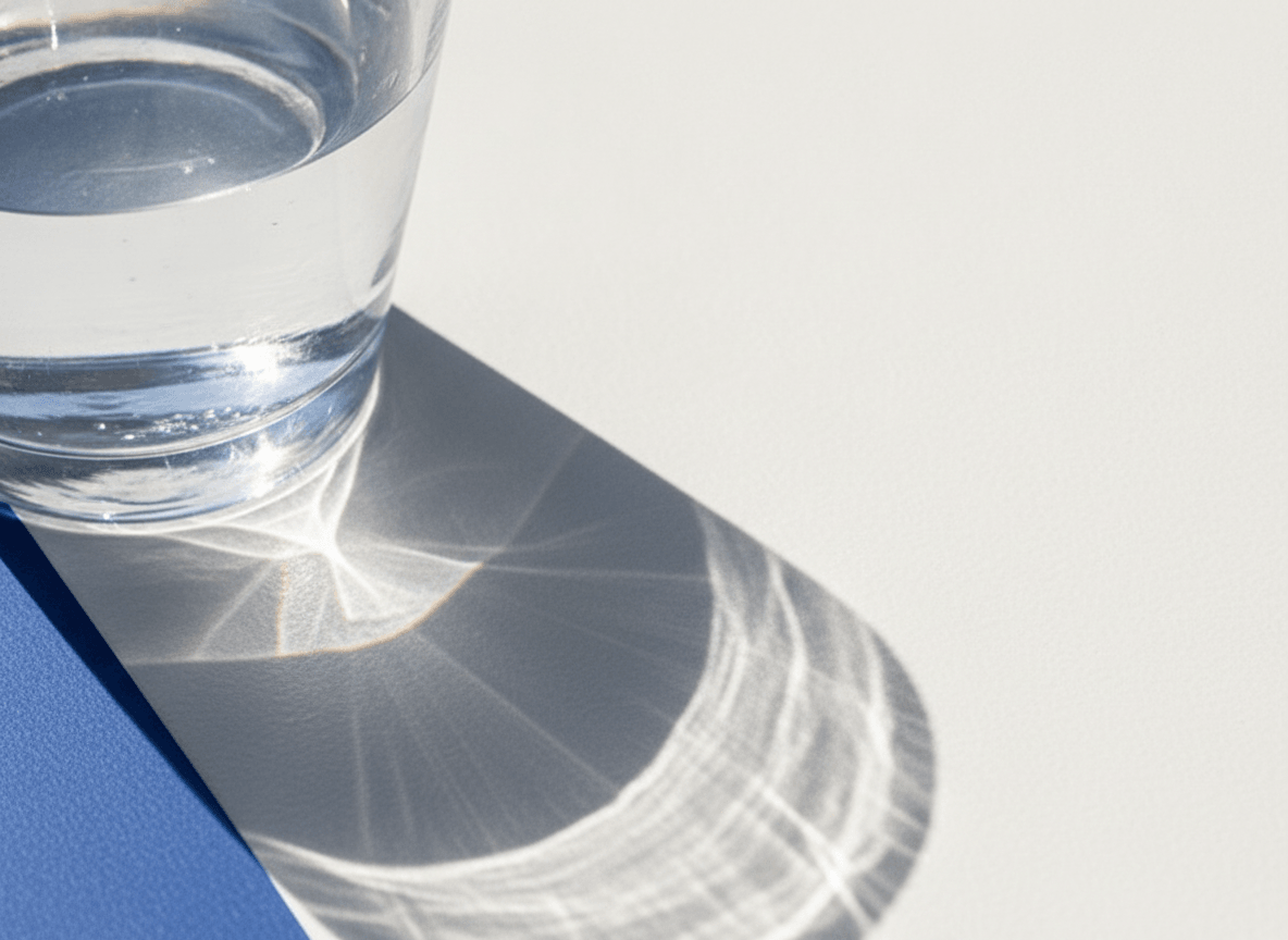 Close crop of a water glass on a blue surface.