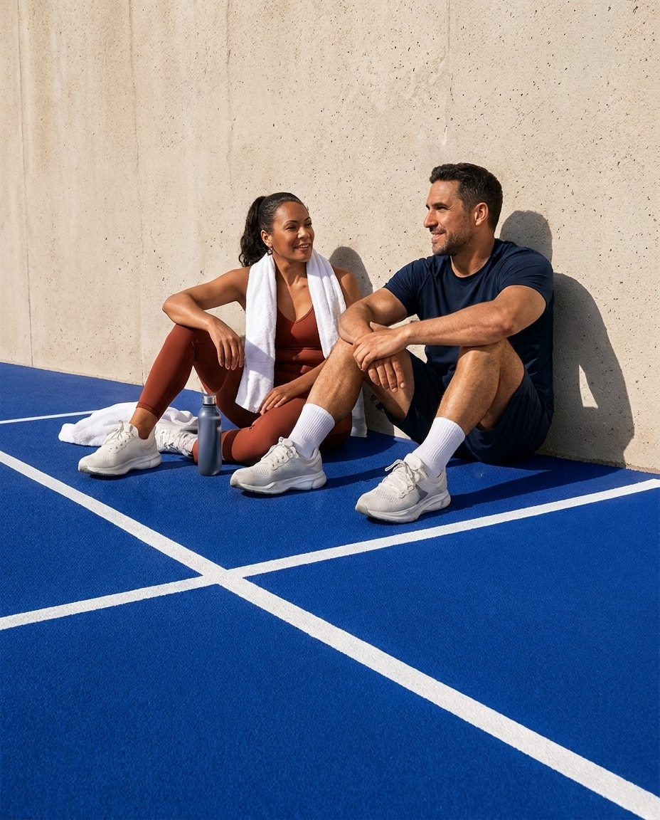 Adult man and woman resting after a workout.