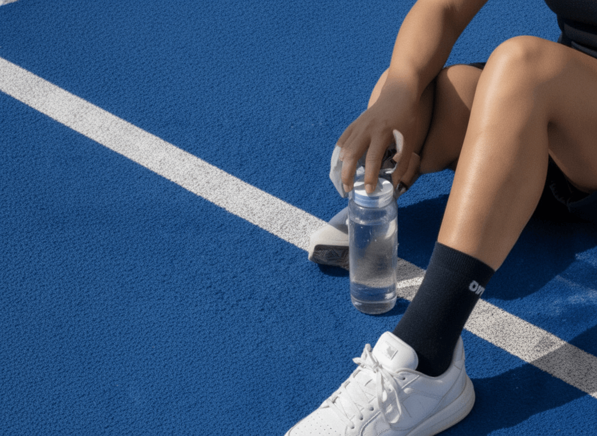 Runner's legs beside a water bottle on a track.