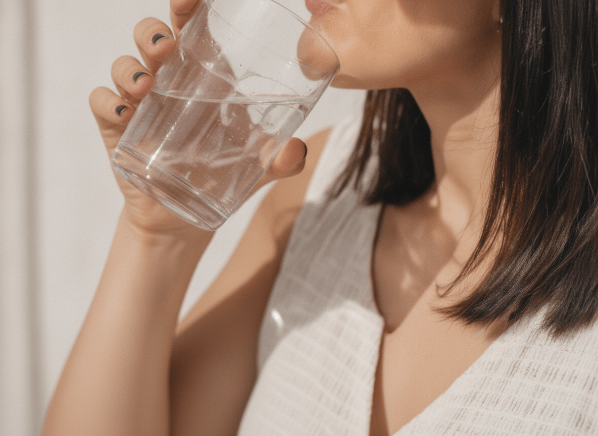 Adult drinking a glass of water.