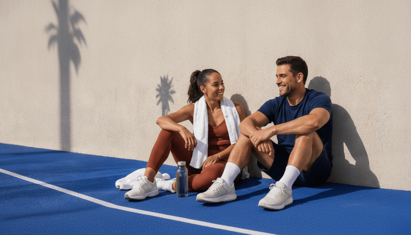 Adult man and woman resting after a workout, representing muscle-aware weight care.