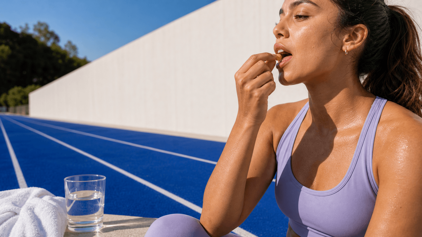 Sunlit activewear editorial crop of a woman placing a yellow oral melt tablet on her tongue beside a glass of water on a cobalt track.