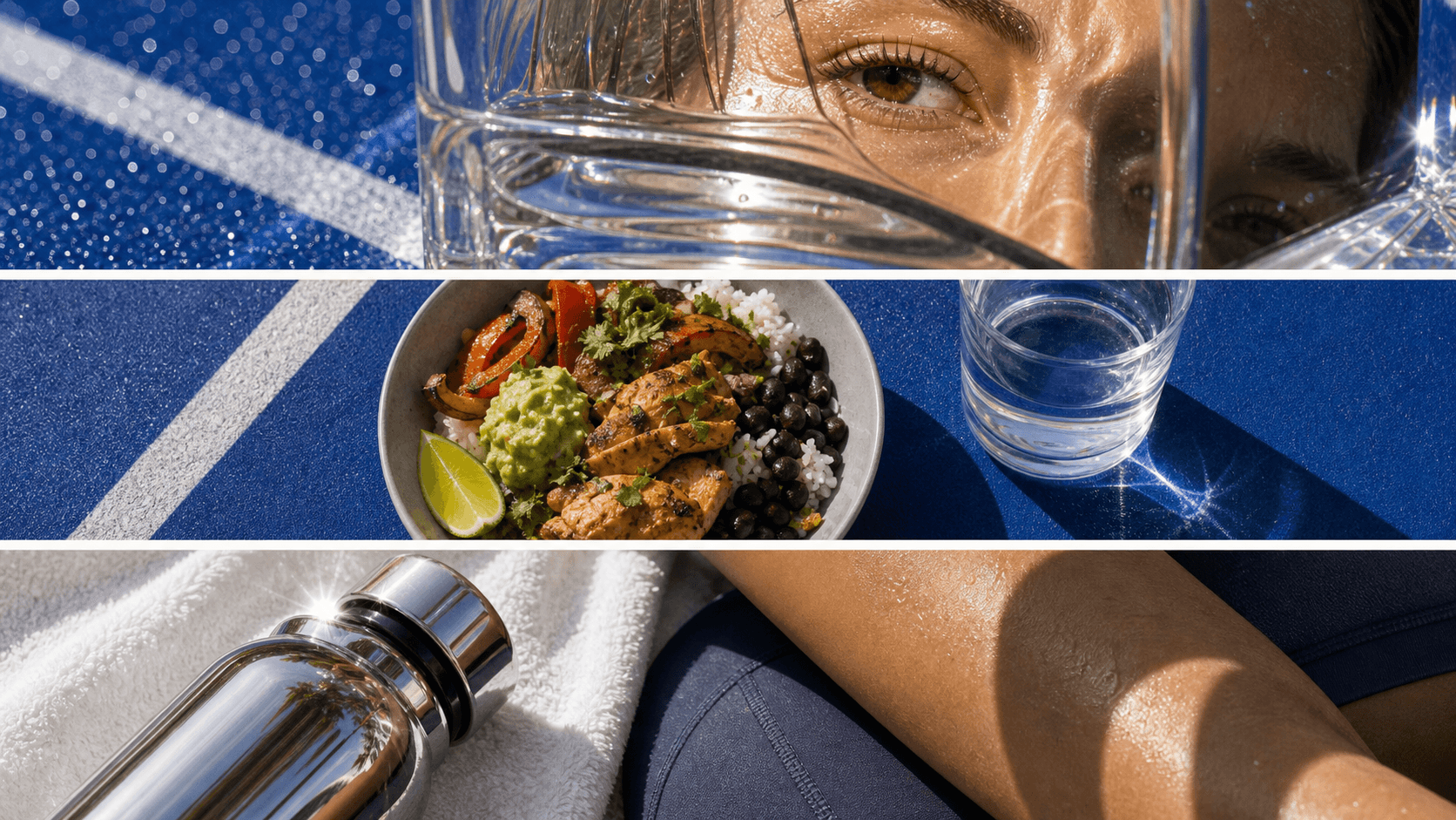 Three photos side by side: a face in profile, a meal bowl, and a water bottle with a towel.