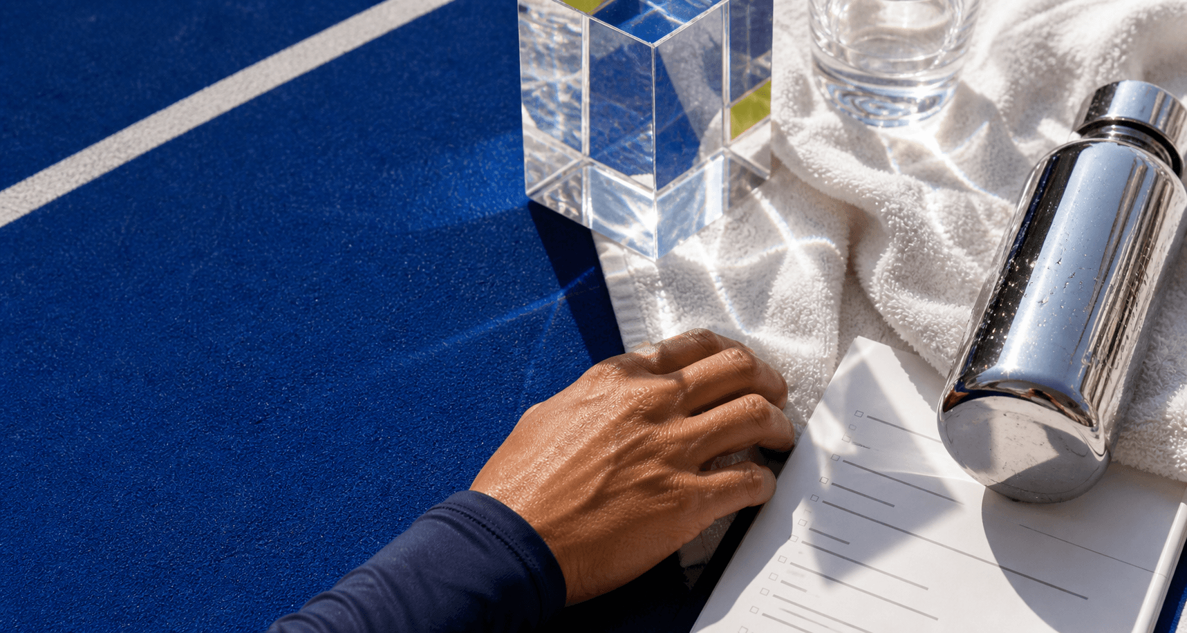 Hand resting near a health-history checklist, water bottle, and towel.